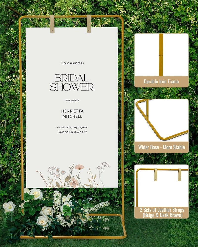Victawks Wedding Welcome Sign Stand, Welcome to our Wedding Sign Holder, Gold Easel Stand for Sign Poster With Design Bundle & Ground Stakes & Leather Sign Hanging Straps, Linen Sign Stand for Wedding Decor - Image 4